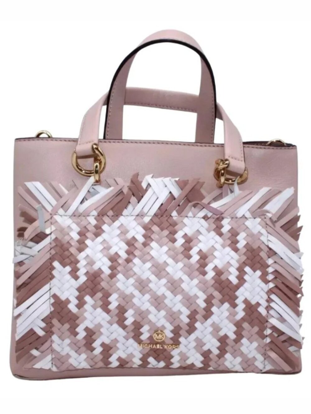 Michael Kors Blakely Bucket Satchel Bag Purse Woven Leather With Gold Trim